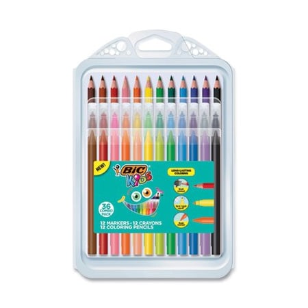 Bic KIDS COLORING COMBO PACK IN DURABLE CASE, 12 EACH: COLORED PENCILS, CRAYONS, MARKERS BKXP36AST